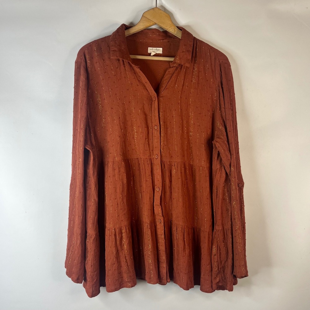 Linda Anderson Button Down Top Womens XXL Rust Orange Tiered Metallic Swiss Dot